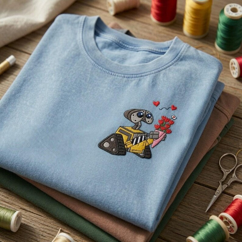 Embroidered Disney Pixar Walle Rose Vintage Washed Tee, Disney Couple Matching Shirts, Disneyland Vacation Shirt, Retro Disney Park Outfit
