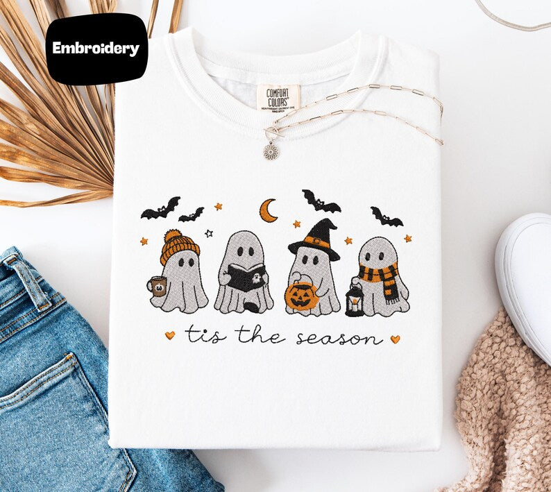 Tis The Season Embroidered Shirt, Cute Ghost Comfort Colors Tee, Halloween Coffee Pumpkin Reading Ghosts 2026