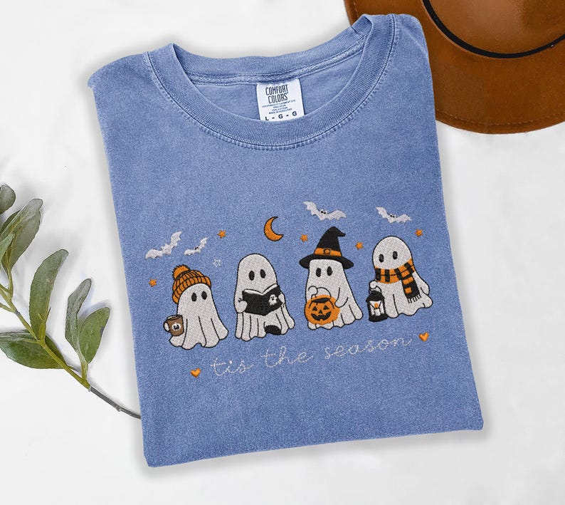 Tis The Season Embroidered Shirt, Cute Ghost Comfort Colors Tee, Halloween Coffee Pumpkin Reading Ghosts 2026