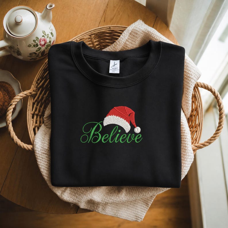 Embroidered Believe Christmas Shirt, Santa Hat Sweatshirt, Believe T-Shirt, Believe Santa Shirt, Christmas gift