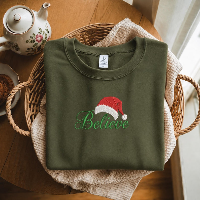 Embroidered Believe Christmas Shirt, Santa Hat Sweatshirt, Believe T-Shirt, Believe Santa Shirt, Christmas gift