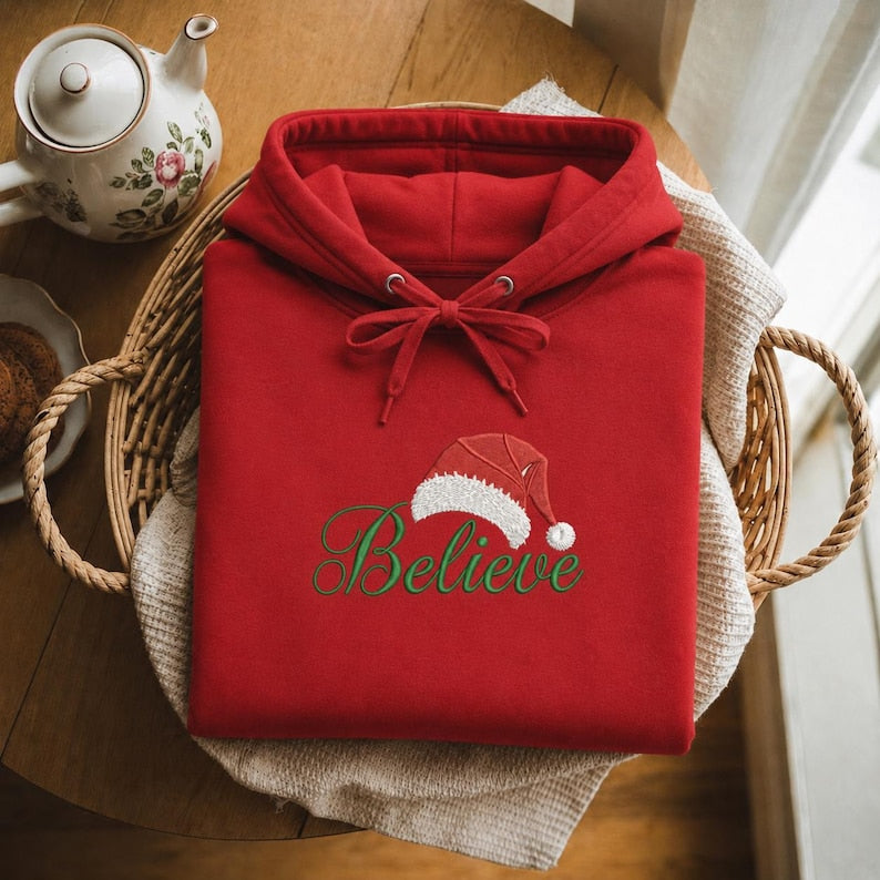 Embroidered Believe Christmas Shirt, Santa Hat Sweatshirt, Believe T-Shirt, Believe Santa Shirt, Christmas gift