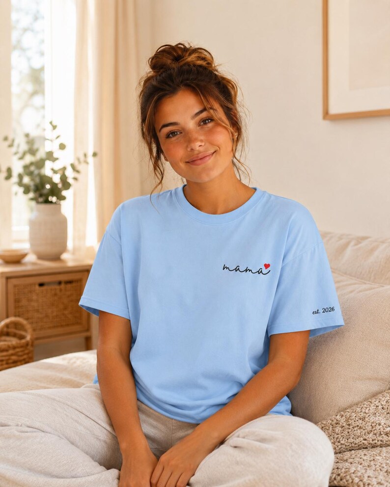 Embroidered Mama T-Shirt, Organic Cotton, Minimalist Mom Tee, Custom Est. Year Heart