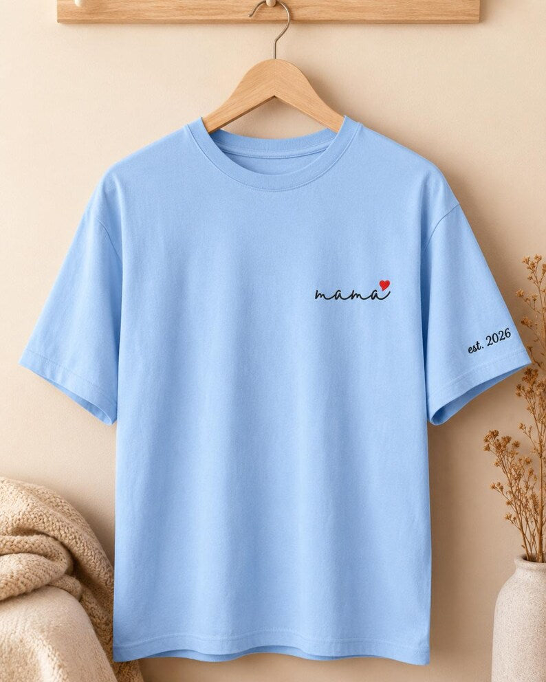 Embroidered Mama T-Shirt, Organic Cotton, Minimalist Mom Tee, Custom Est. Year Heart