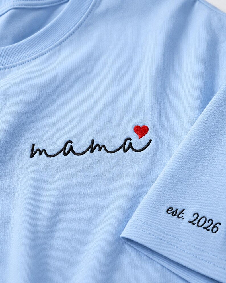 Embroidered Mama T-Shirt, Organic Cotton, Minimalist Mom Tee, Custom Est. Year Heart