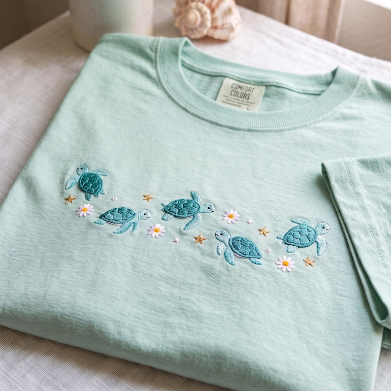 Comfort Color Embroidered Sea Turtle Shirt, Floral Coastal Tee, Summer Beach Shirt, Ocean Lover Gift