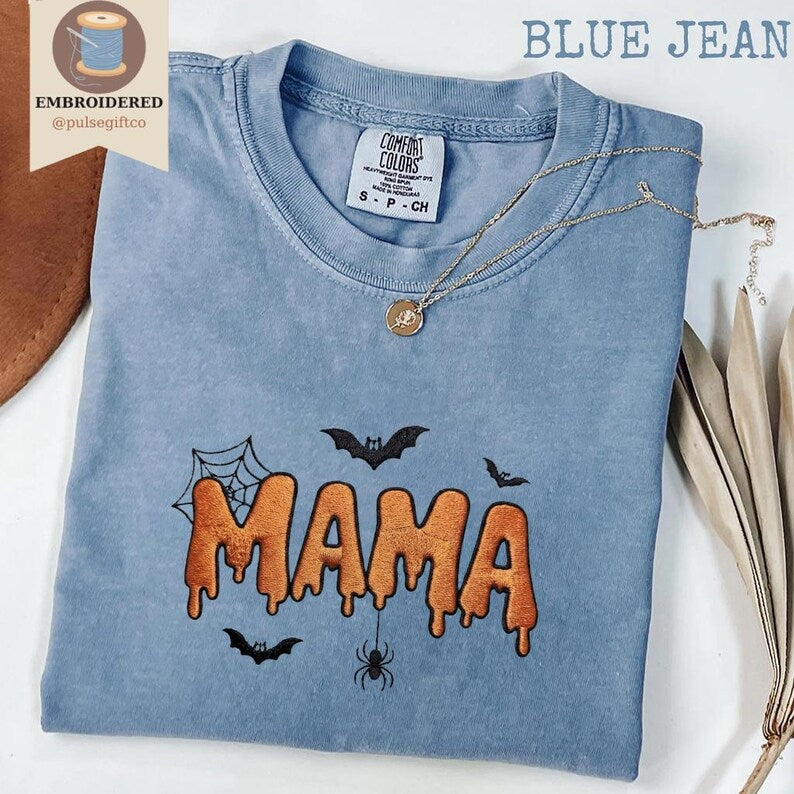 Embroidered Halloween Mama Shirt, Comfort Colors Spooky Mom Tee, Cute Ghost Season Shirt, Fall Mom Gift, Fall Graphic Shirt for Women