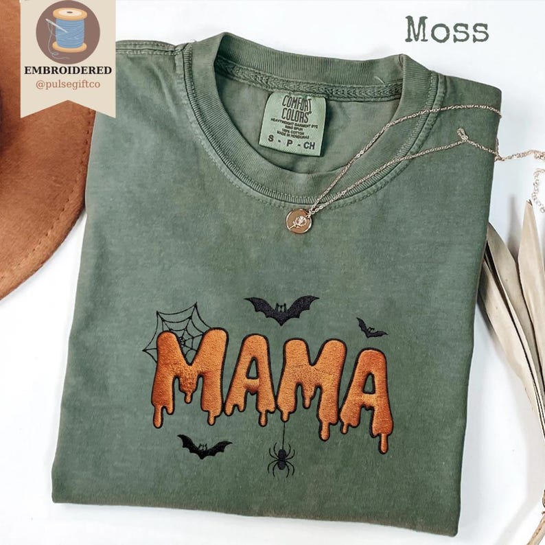 Embroidered Halloween Mama Shirt, Comfort Colors Spooky Mom Tee, Cute Ghost Season Shirt, Fall Mom Gift, Fall Graphic Shirt for Women