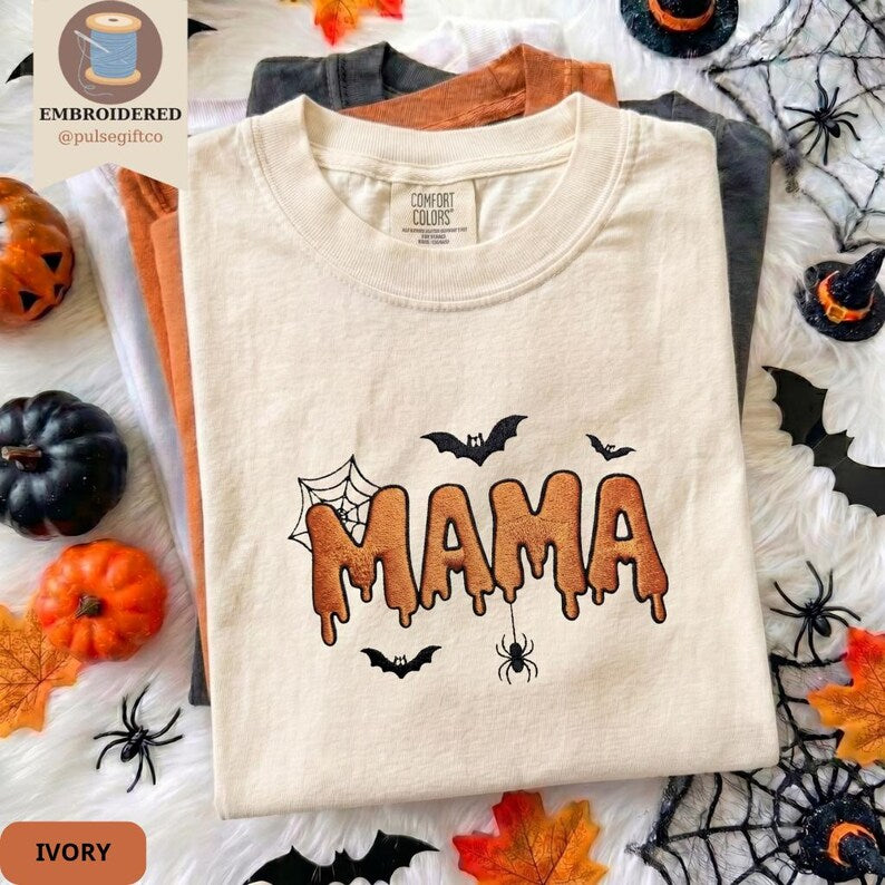 Embroidered Halloween Mama Shirt, Comfort Colors Spooky Mom Tee, Cute Ghost Season Shirt, Fall Mom Gift, Fall Graphic Shirt for Women