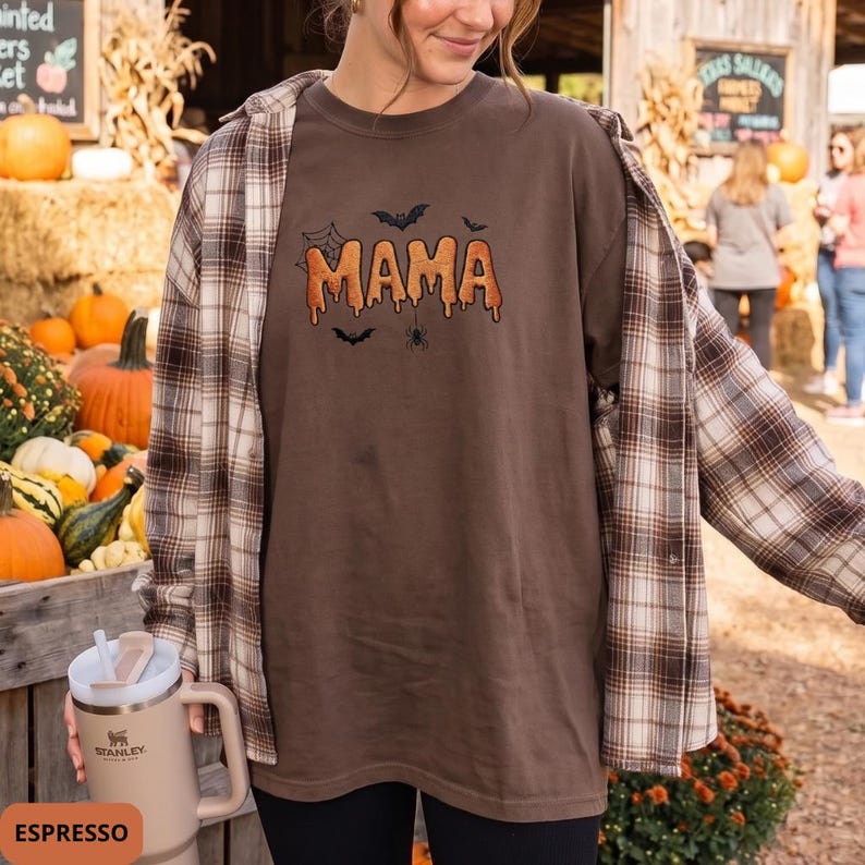 Embroidered Halloween Mama Shirt, Comfort Colors Spooky Mom Tee, Cute Ghost Season Shirt, Fall Mom Gift, Fall Graphic Shirt for Women