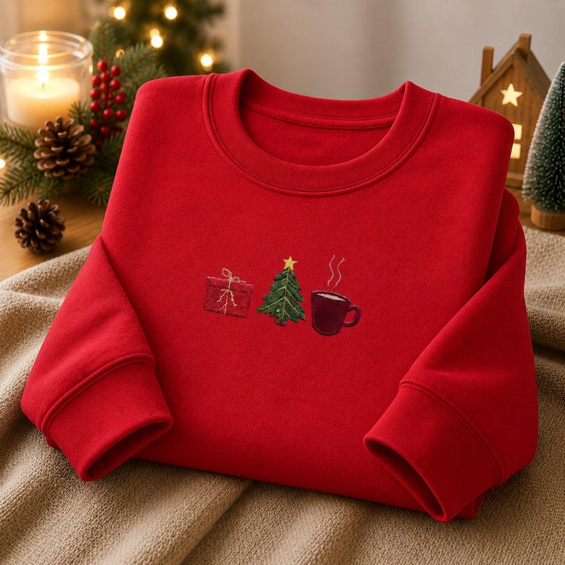 Embroidered Christmas Tree Sweatshirt, Festive Holiday Tee, Christmas Embroidery Crewneck