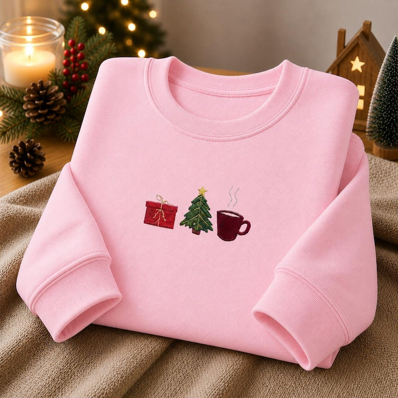 Embroidered Christmas Tree Sweatshirt, Festive Holiday Tee, Christmas Embroidery Crewneck