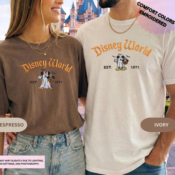 Embroidered Mickey Minnie Halloween Shirt, Disney Couple Ghost Embroidery Tee, Spooky Season Disneyland Matching Shirt
