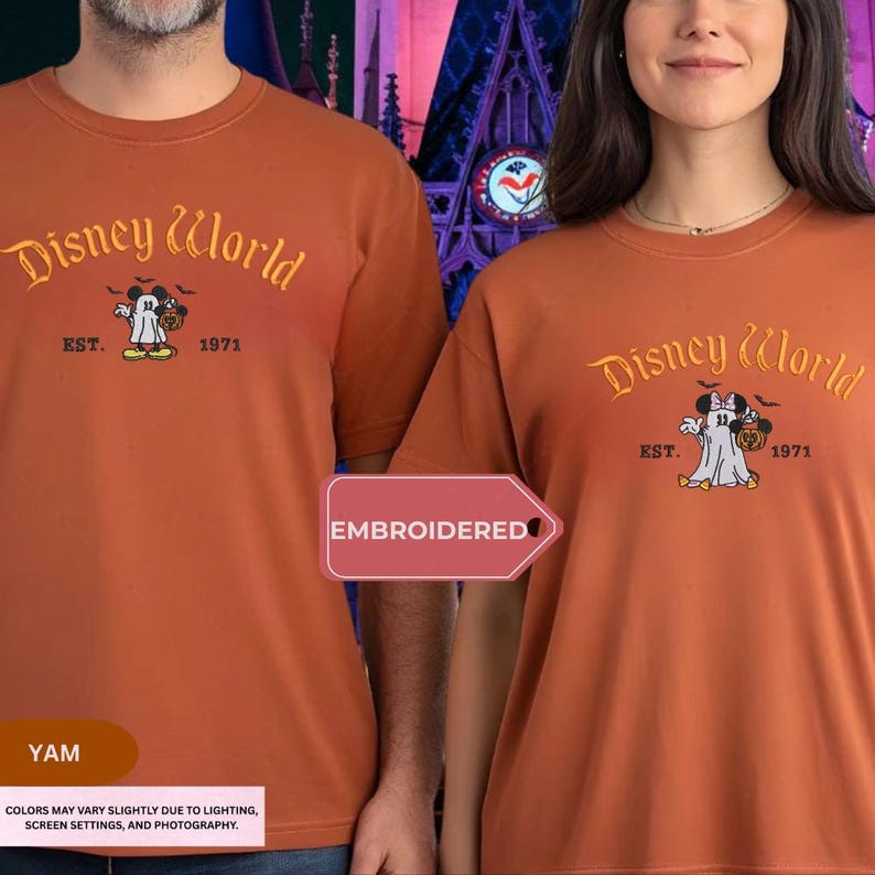 Embroidered Mickey Minnie Halloween Shirt, Disney Couple Ghost Embroidery Tee, Spooky Season Disneyland Matching Shirt