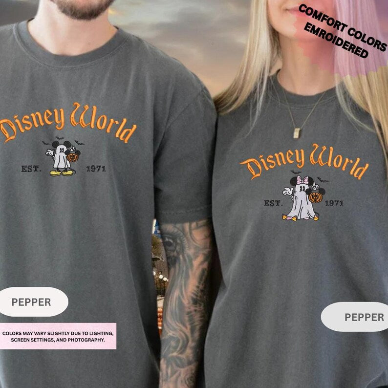 Embroidered Mickey Minnie Halloween Shirt, Disney Couple Ghost Embroidery Tee, Spooky Season Disneyland Matching Shirt