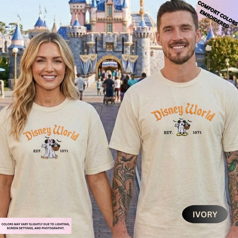Embroidered Mickey Minnie Halloween Shirt, Disney Couple Ghost Embroidery Tee, Spooky Season Disneyland Matching Shirt