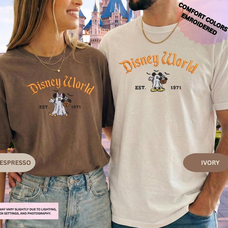 Embroidered Mickey Minnie Halloween Shirt, Disney Couple Ghost Embroidery Tee, Spooky Season Disneyland Matching Shirt