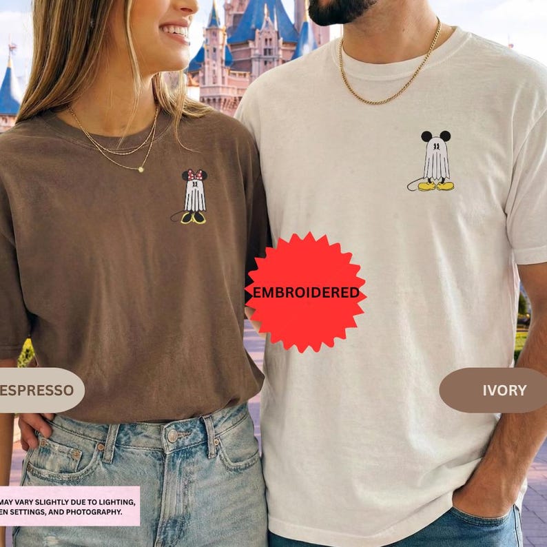 Mickey Minnie Halloween Embroidered Shirt, Disney Spooky Season Tee, Cute Ghost Couple TShirt, Fall Outfit