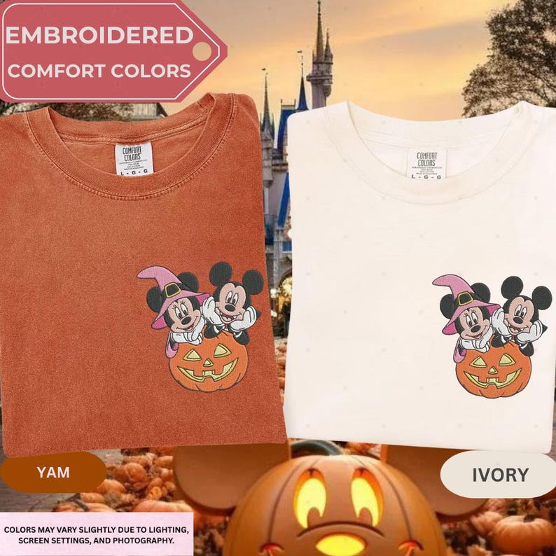Disney Halloween Embroidery Shirt, Mickey Minnie Pumpkin Tee,Embroidered Ghost TShirt