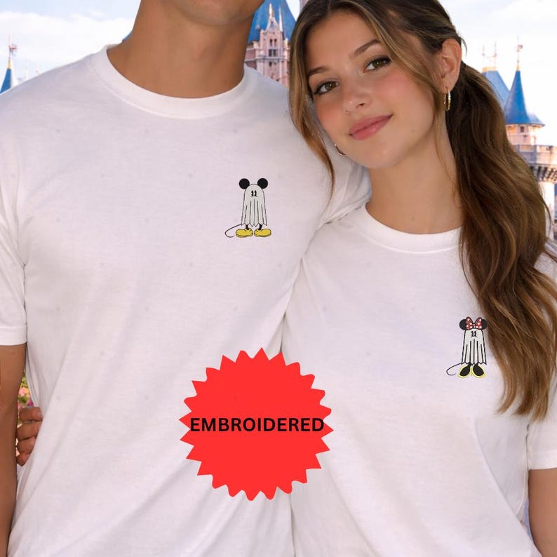 Mickey Minnie Halloween Embroidered Shirt, Disney Spooky Season Tee, Cute Ghost Couple TShirt, Fall Outfit