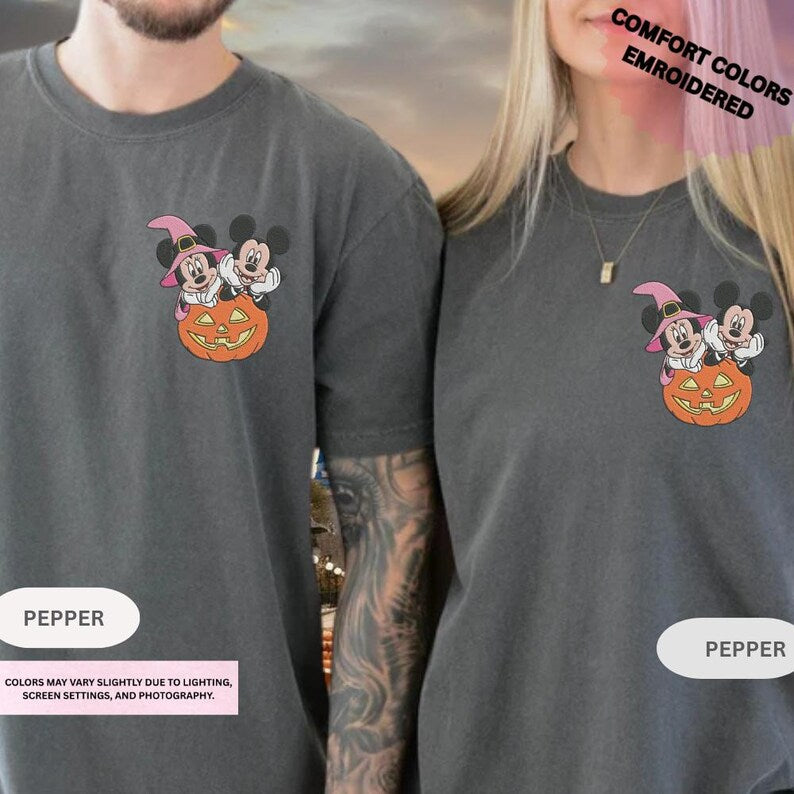 Disney Halloween Embroidery Shirt, Mickey Minnie Pumpkin Tee,Embroidered Ghost TShirt