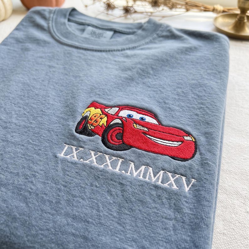 Cartoon Couple Car Embroidered Comfort Colors Shirt, Custom Date Matching Couple Shirt, Cartoon Car Tee, Magic Kingdom Tee, Anniversary Gift
