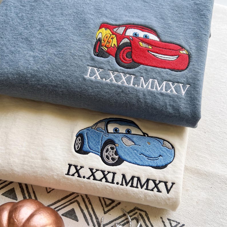 Cartoon Couple Car Embroidered Comfort Colors Shirt, Custom Date Matching Couple Shirt, Cartoon Car Tee, Magic Kingdom Tee, Anniversary Gift