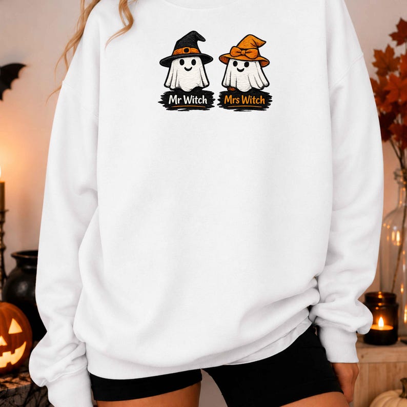 Mr and Mrs Witch Sweatshirt, Gildan 18000 Embroidered Ghost Couple Halloween Crewneck, Custom Couple Gift