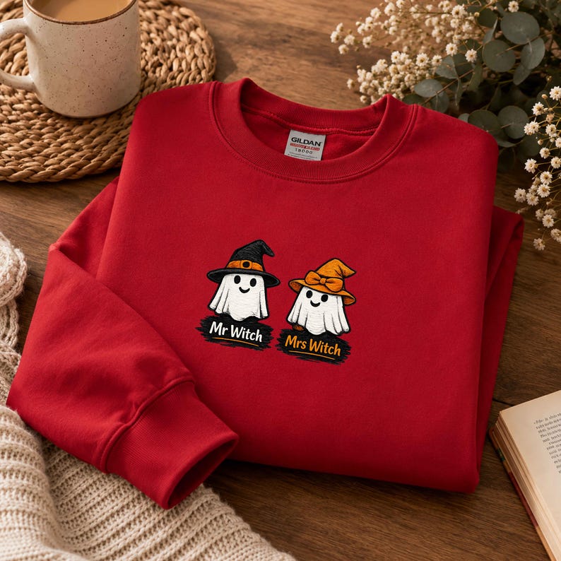 Mr and Mrs Witch Sweatshirt, Gildan 18000 Embroidered Ghost Couple Halloween Crewneck, Custom Couple Gift