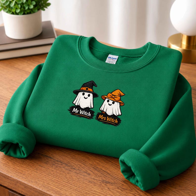 Mr and Mrs Witch Sweatshirt, Gildan 18000 Embroidered Ghost Couple Halloween Crewneck, Custom Couple Gift