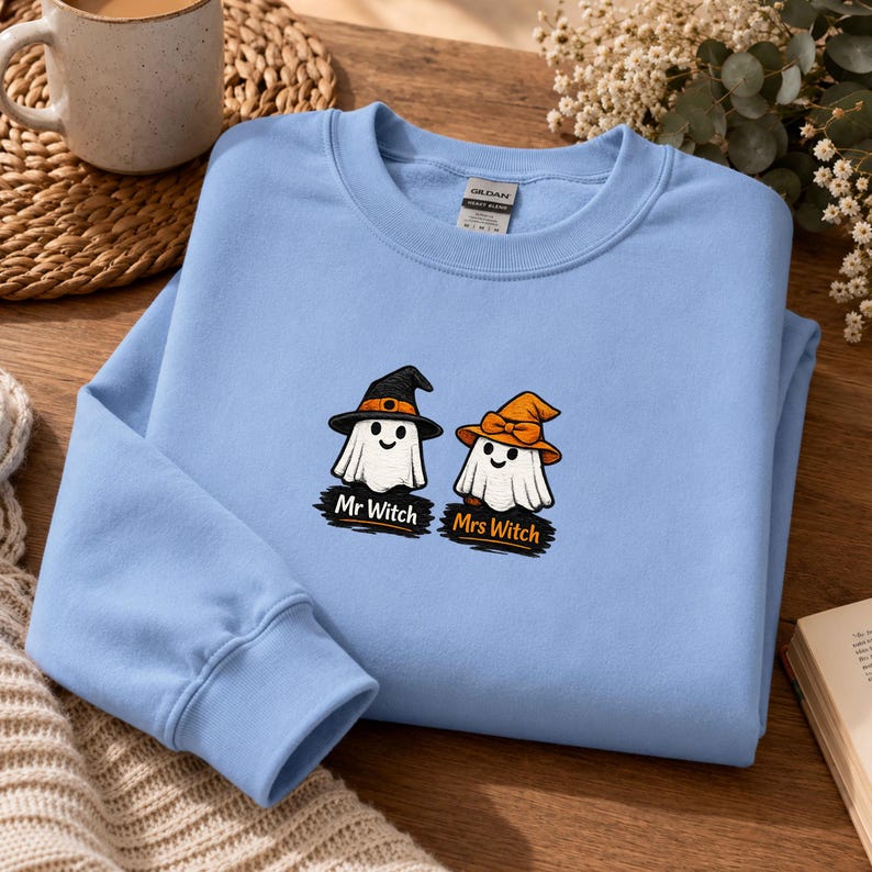Mr and Mrs Witch Sweatshirt, Gildan 18000 Embroidered Ghost Couple Halloween Crewneck, Custom Couple Gift