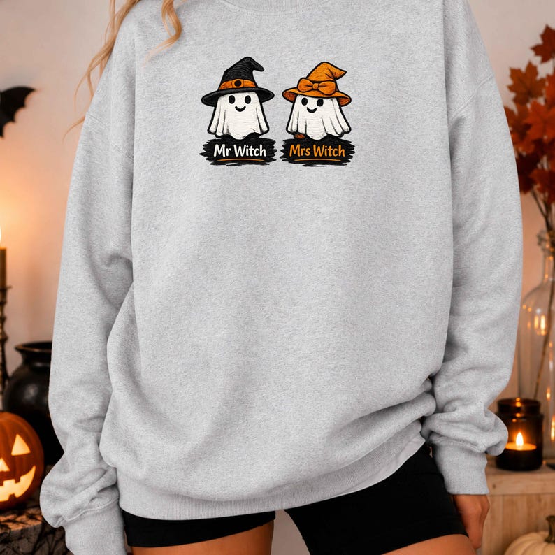 Mr and Mrs Witch Sweatshirt, Gildan 18000 Embroidered Ghost Couple Halloween Crewneck, Custom Couple Gift