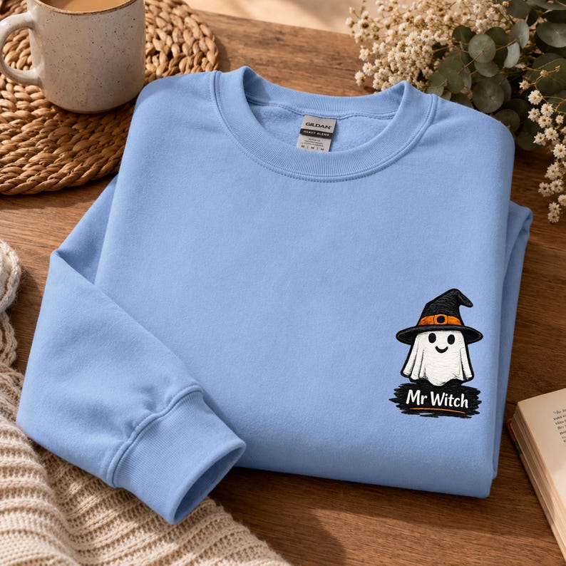 Mr and Mrs Ghost Sweatshirt, Gildan 18000 Embroidered Matching Halloween Crewneck, Cute Couple Gift