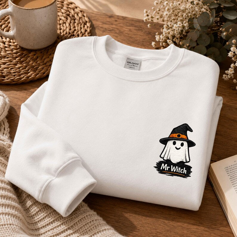 Mr and Mrs Ghost Sweatshirt, Gildan 18000 Embroidered Matching Halloween Crewneck, Cute Couple Gift