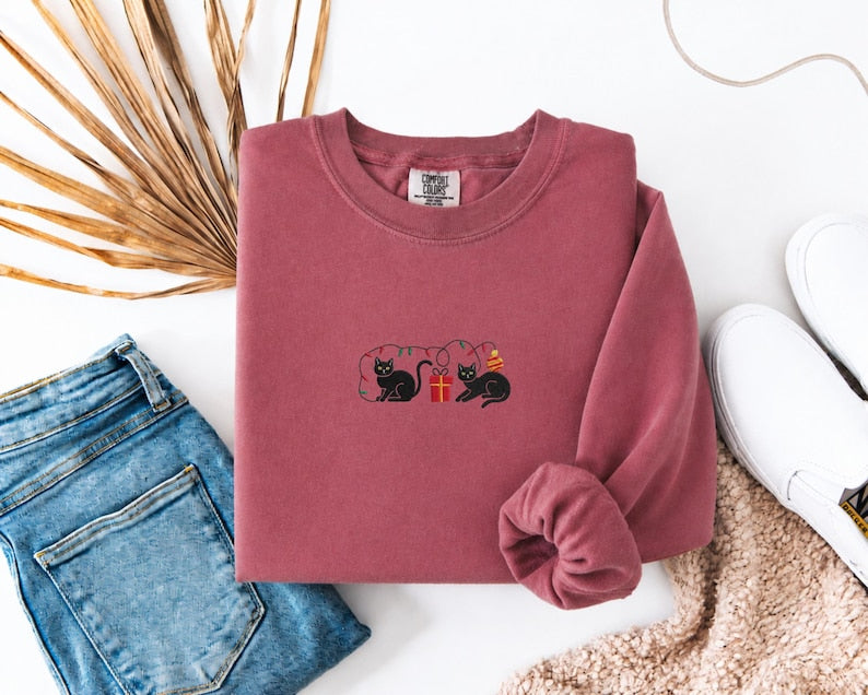 Comfort Colors Embroidered Christmas Black Cat Shirt, Cute Holiday Cat Tee, Embroidered Christmas Kitty Sweatshirt, Festive Cat Lover Gift