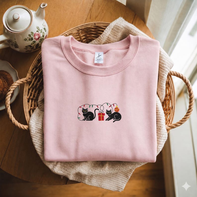 Embroidered Christmas Cat Sweatshirt, Funny Holiday Hoodie, Christmas Cat Embroidery Shirt