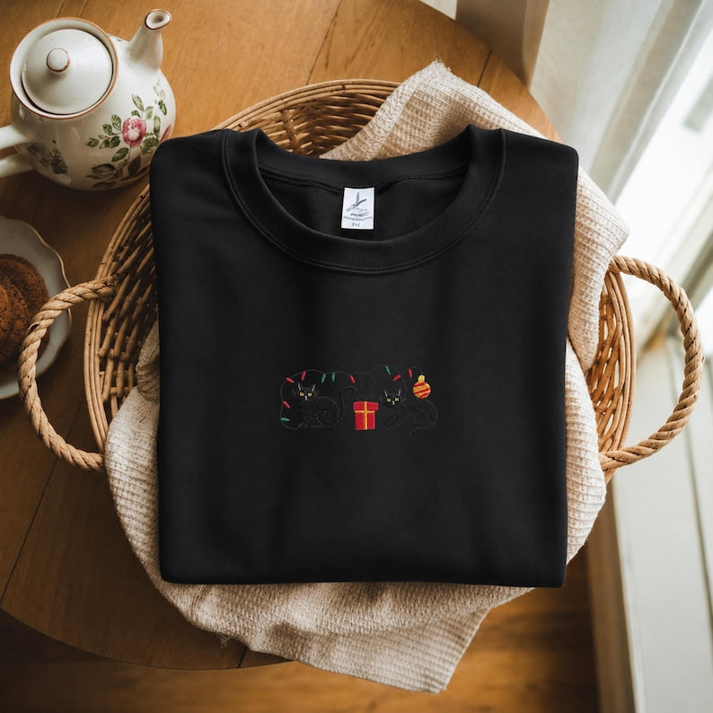 Embroidered Christmas Cat Sweatshirt, Funny Holiday Hoodie, Christmas Cat Embroidery Shirt
