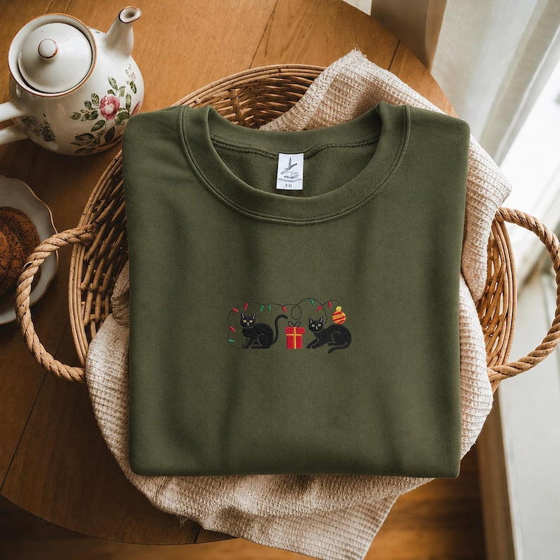 Embroidered Christmas Cat Sweatshirt, Funny Holiday Hoodie, Christmas Cat Embroidery Shirt