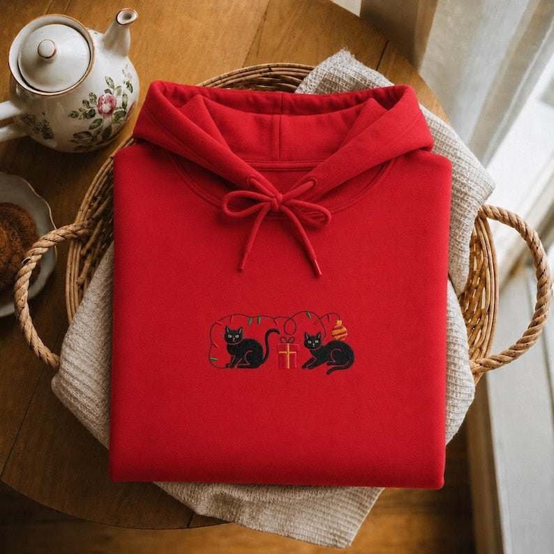 Embroidered Christmas Cat Sweatshirt, Funny Holiday Hoodie, Christmas Cat Embroidery Shirt