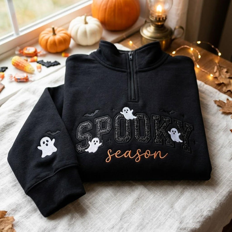 Embroidered Spooky Season Applique Quarter Zip Sweatshirt, Bats And Ghost Crewneck, Glitter Applique Apparel, Cozy Fall Gift