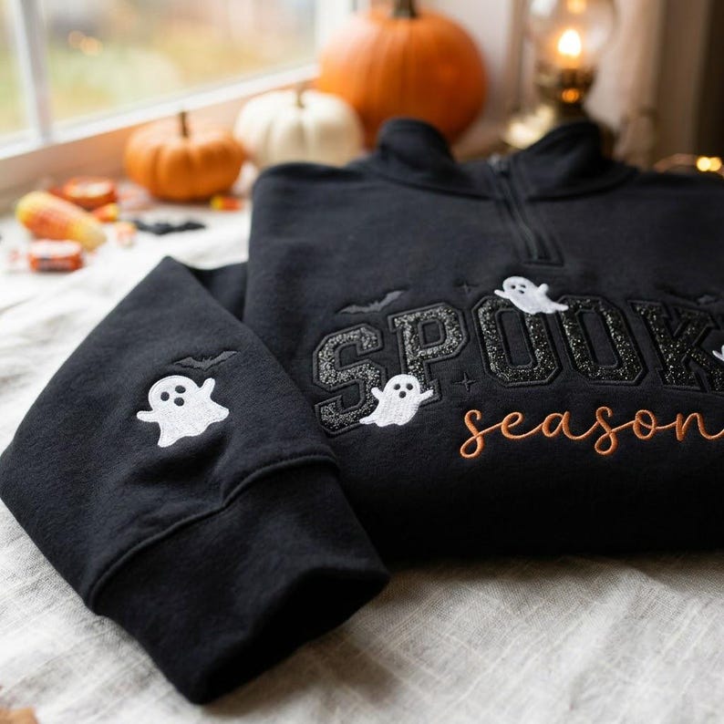 Embroidered Spooky Season Applique Quarter Zip Sweatshirt, Bats And Ghost Crewneck, Glitter Applique Apparel, Cozy Fall Gift