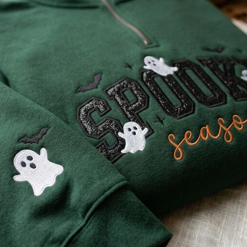 Embroidered Spooky Season Applique Quarter Zip Sweatshirt, Bats And Ghost Crewneck, Glitter Applique Apparel, Cozy Fall Gift