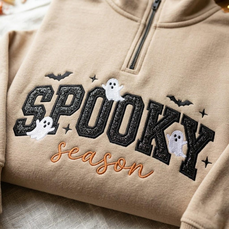 Embroidered Spooky Season Applique Quarter Zip Sweatshirt, Bats And Ghost Crewneck, Glitter Applique Apparel, Cozy Fall Gift