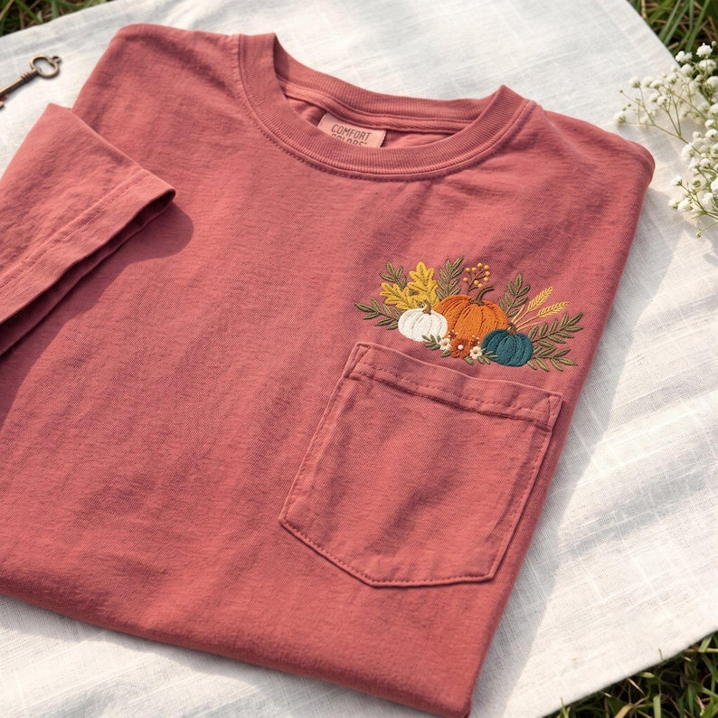 Pumpkin Pocket Embroidered Comfort Colors Tee, Fall Harvest Floral Shirt, Autumn Botanical Pocket T Shirt, Thanksgiving Gift