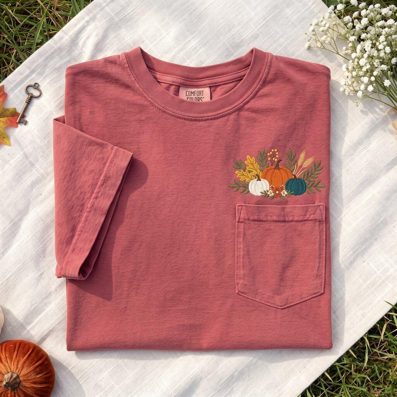 Pumpkin Pocket Embroidered Comfort Colors Tee, Fall Harvest Floral Shirt, Autumn Botanical Pocket T Shirt, Thanksgiving Gift