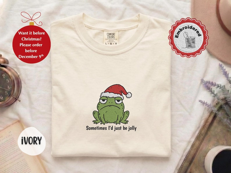 Funny Christmas Frog Shirt, Comfort Colors Embroidered Shirt, Cute Frog Shirt, Christmas Shirt, Holiday Shirt, Funny Gift For Her T-Shirt
