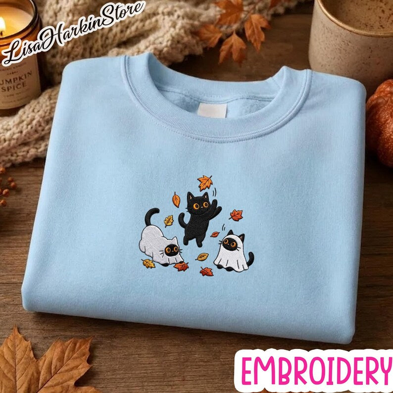 Black Cats and Fall Leaves Sweatshirt, Embroidered Autumn Cat Shirt, Cute Fall T-Shirt, Cozy Cat Lover Gift, Autumn Aesthetic