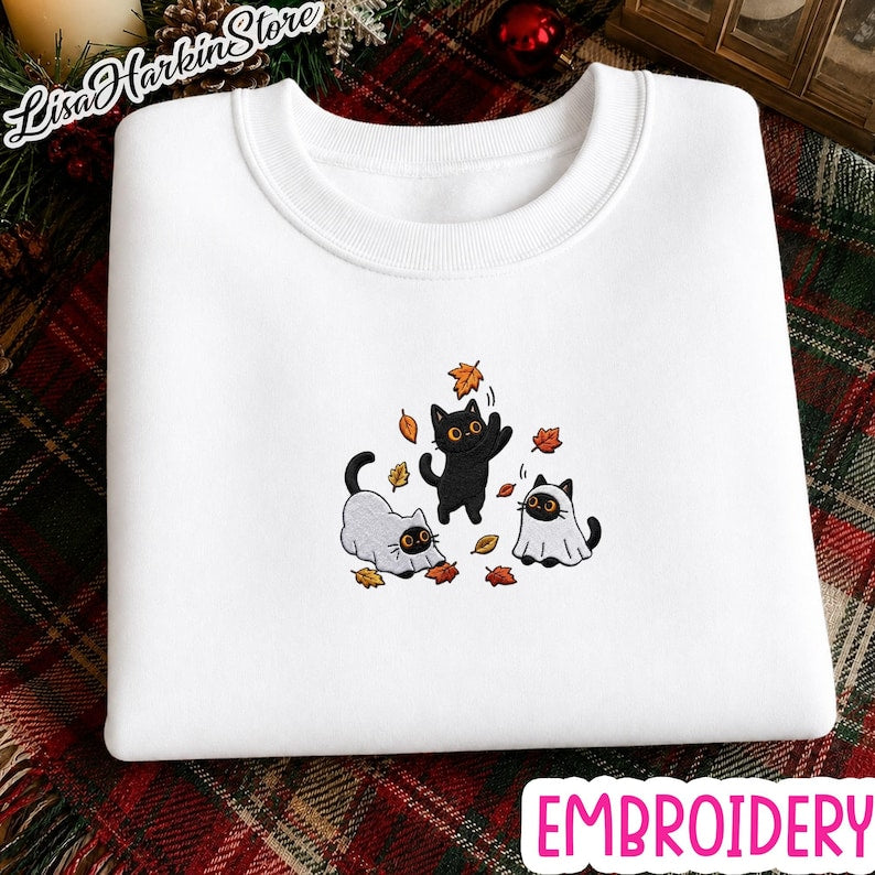 Black Cats and Fall Leaves Sweatshirt, Embroidered Autumn Cat Shirt, Cute Fall T-Shirt, Cozy Cat Lover Gift, Autumn Aesthetic
