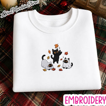 Black Cats and Fall Leaves Sweatshirt, Embroidered Autumn Cat Shirt, Cute Fall T-Shirt, Cozy Cat Lover Gift, Autumn Aesthetic