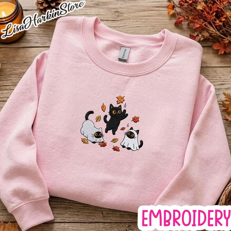 Black Cats and Fall Leaves Sweatshirt, Embroidered Autumn Cat Shirt, Cute Fall T-Shirt, Cozy Cat Lover Gift, Autumn Aesthetic